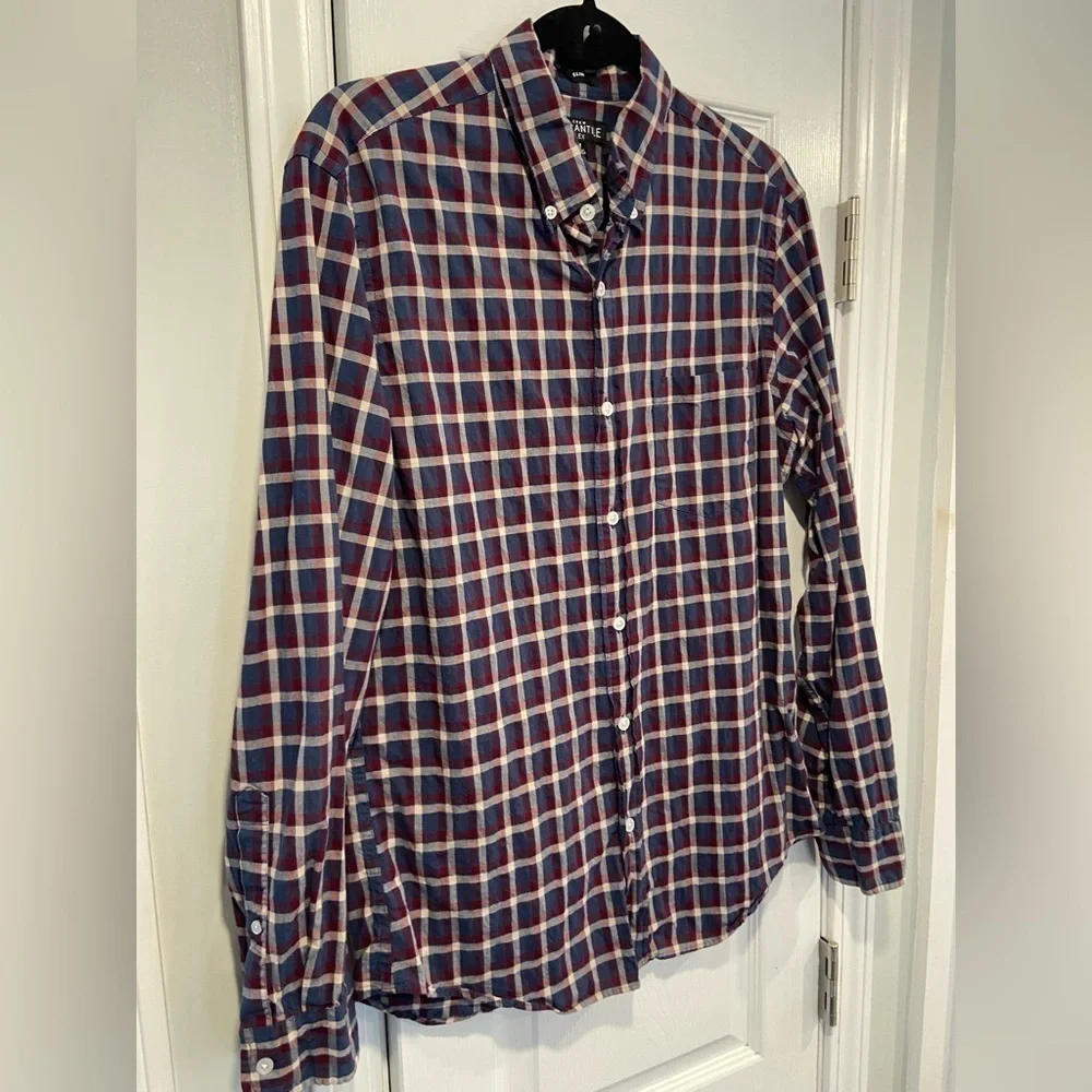 J. Crew Mens Size M Blue Burgundy Plaid Cotton Flex Slim Button Down Shirt